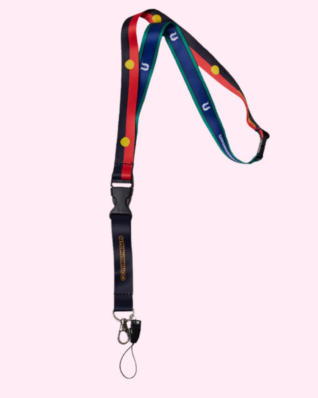Clothing The Gaps. First Nations Flags Lanyard. Features both the coloured Aboriginal and Torres Strait Islander Flags with a black clip at back of neck and half way down to detach keys. At end of lanyard is a silver metal clip to attach what you would like.